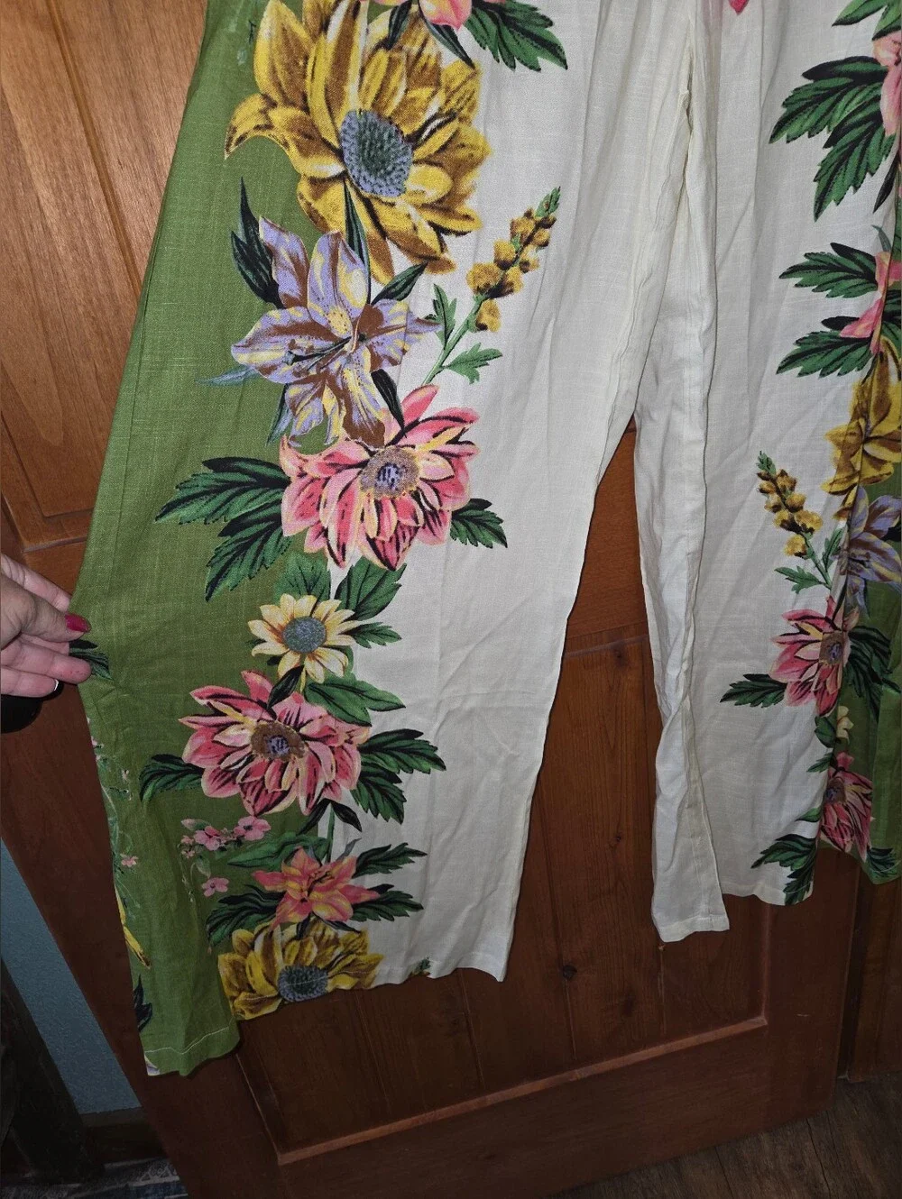 Green and Cream Floral Wide-Leg Pants with Pom-Tie Waist